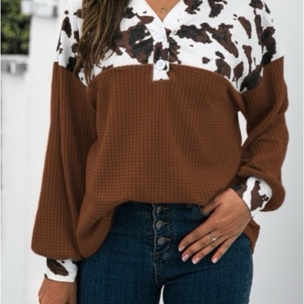 Brown and White Cow Print Women's Sweater